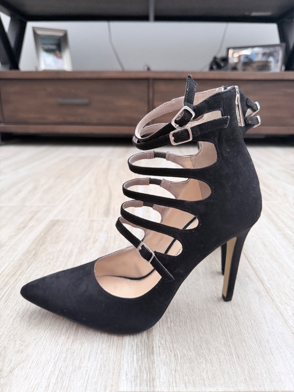 Jessica Simpson Black Faux Suede Caged Pointed Toe Stiletto Heels, sz 7